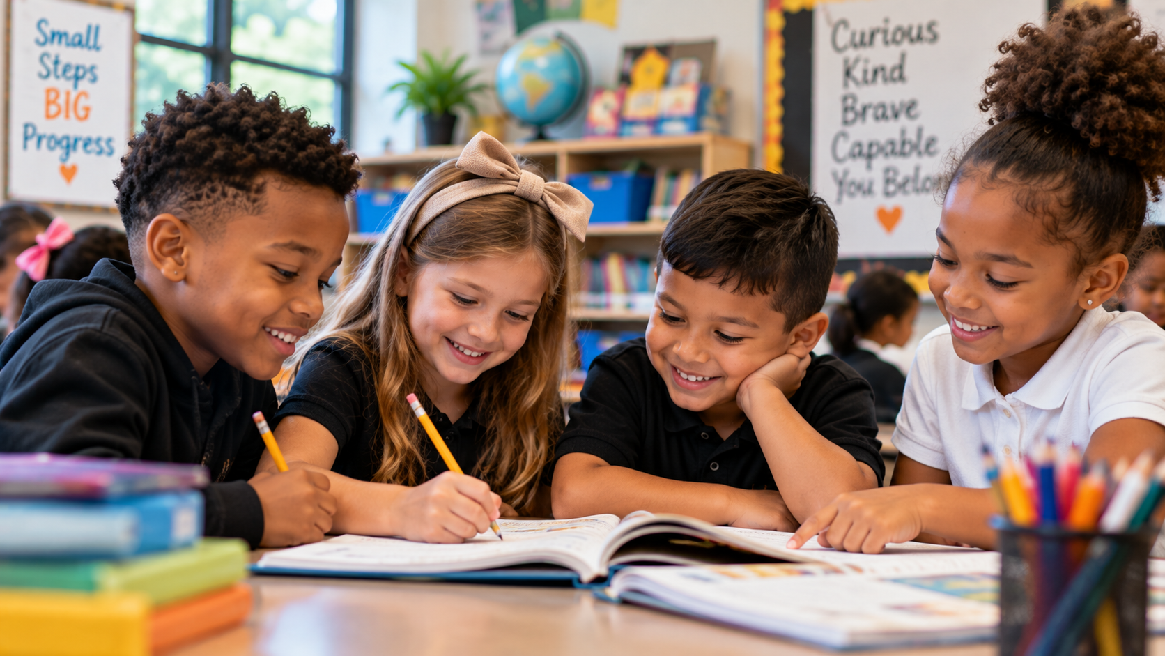 Elementary students collaborating in the classroom